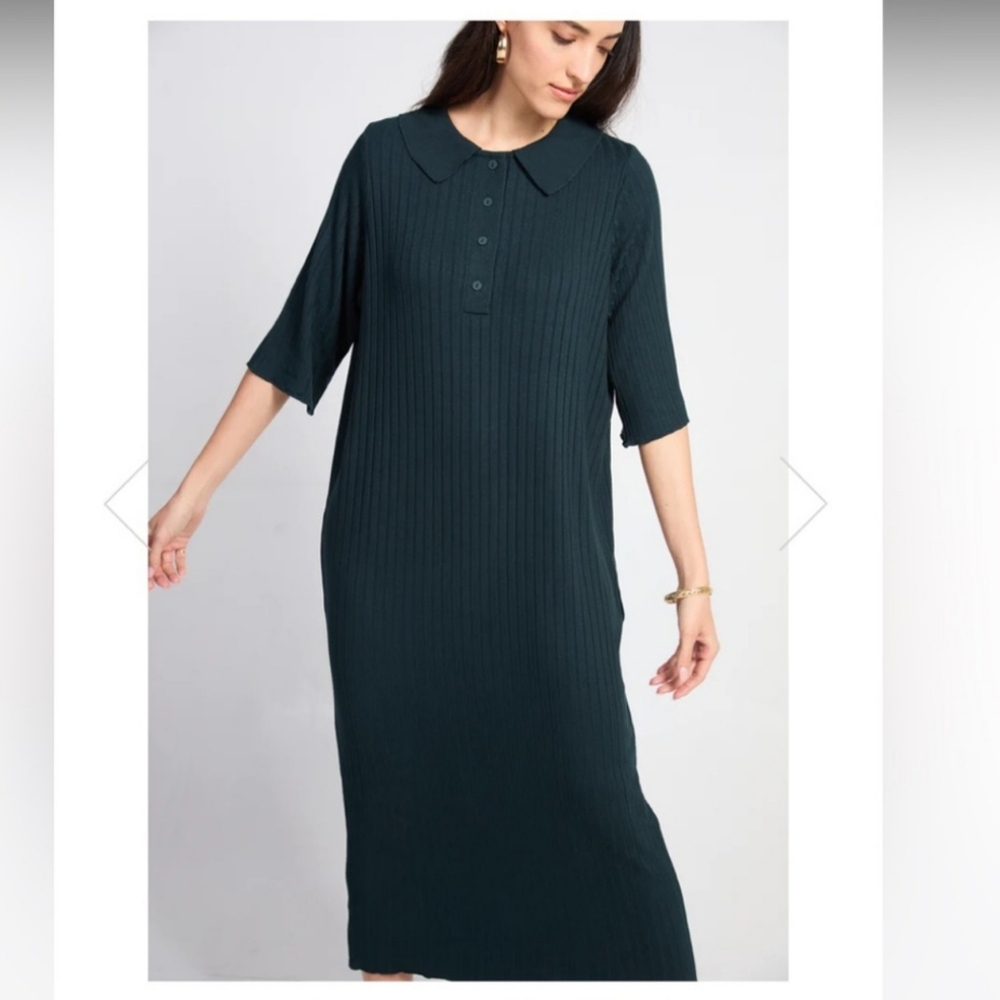 Solika Alaia Teal Polo Rib Knit Midi Dress